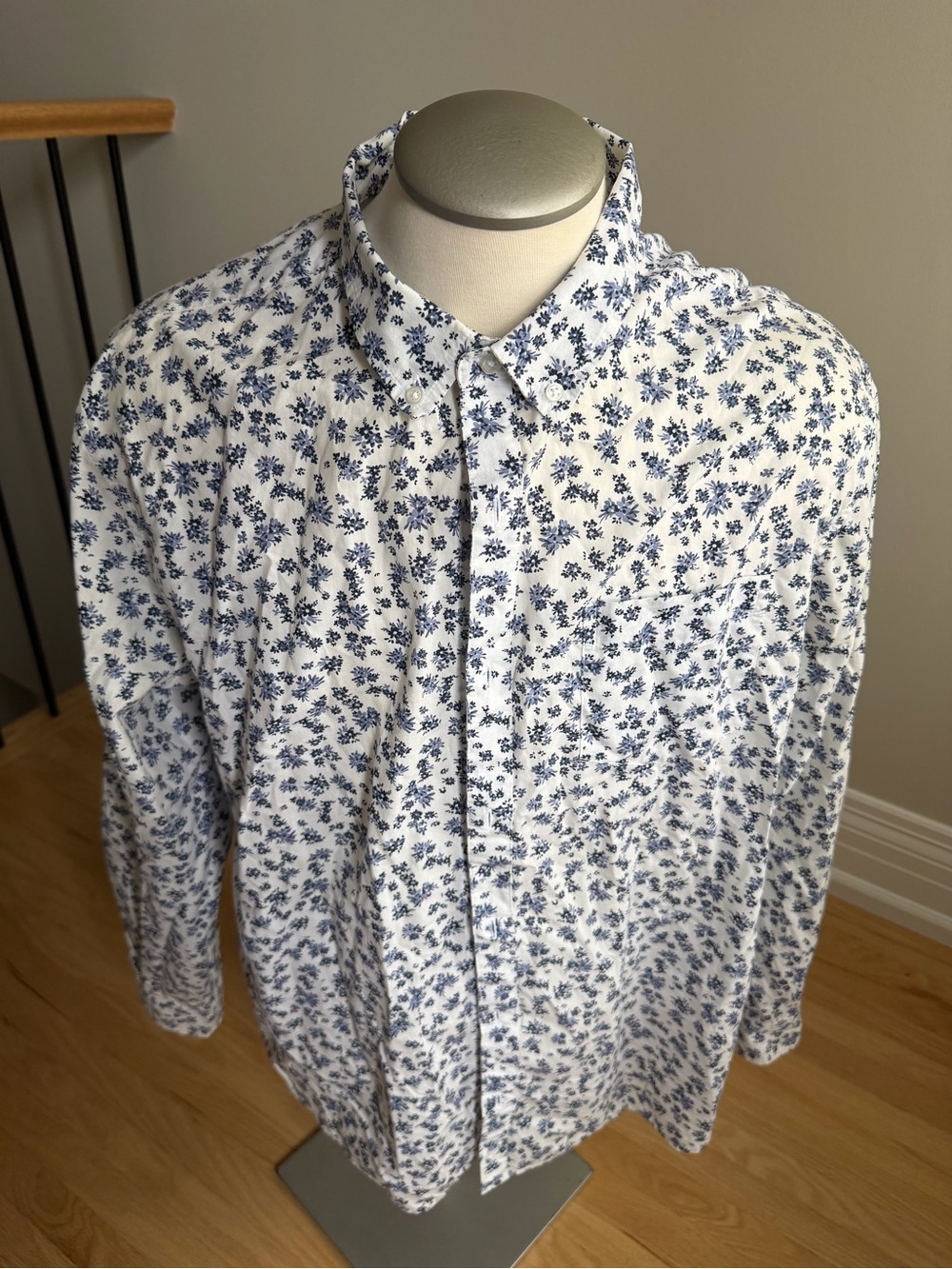 George White Button-Down Shirt with Blue Floral Print